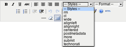 Screen shot of the TinyMCE editor with the styles drop down showing lots of options.