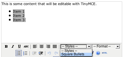 TinyMCE editor with a list highlighted in the editing area, and the styles drop-down only has a style called square-bullets.
