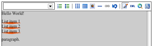 screen shot of the Xstandard editor with example content. The list items have the background image incorrectly stretched across the list item.