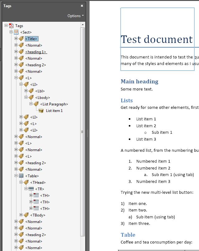 Screenshot showing the tags from the Acrobat created PDF, more verbose in terms of tag names.