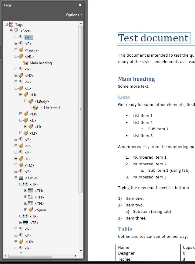 Screenshot showing the tags from the Office created PDF, HTML like tag names but a less varied set.
