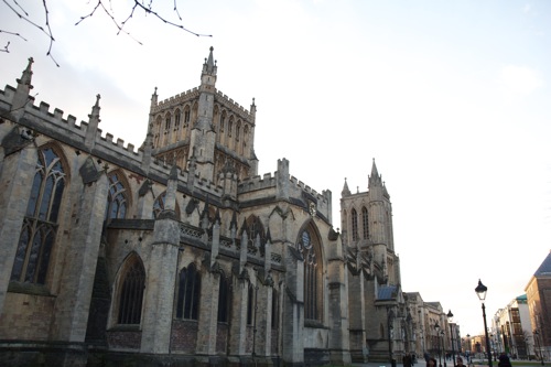 Shot of the cathedral, wide angle from quite close, with very bright sky and quite dark building.