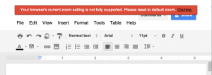 Screenshot of a blank Google document with a red banner saying this zoom level is not supported.