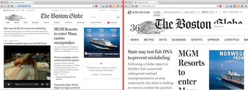 Two screenshots using Chrome, where the zoomed in version has a lot of overlapping elements.