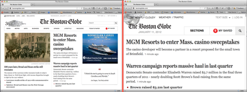 Two screen shots of the boston globe site at different zoom levels.